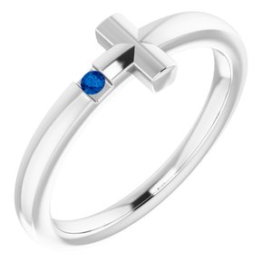 14K White Natural Blue Sapphire Youth Sideways Cross Ring - BN & CO JEWELRY