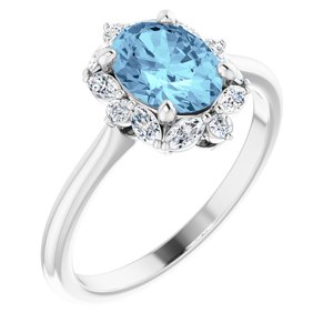 14K White Natural Aquamarine & 1/3 CTW Natural Diamond Halo-Style Ring - BN & CO JEWELRY