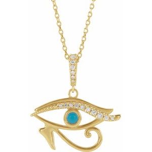 14K Yellow Natural Turquoise & .08 CTW Natural Diamond Eye of Horus 16-18" Necklace - BN & CO JEWELRY