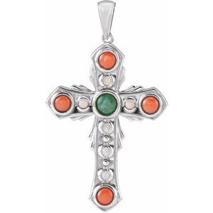 Sterling Silver Natural Jade, Natural Pink Coral & Natural Opal Cross Pendant - BN & CO JEWELRY