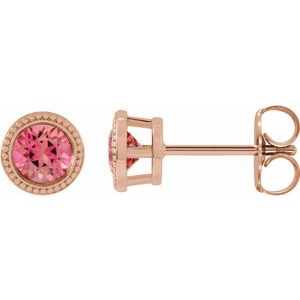 14K Rose 6 mm Natural Pink Tourmaline Beaded Bezel-Set Earrings - BN & CO JEWELRY