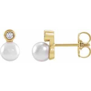 14K Yellow Cultured White Akoya Pearl & 1/8 CTW Natural Diamond Earrings - BN & CO JEWELRY