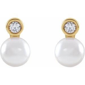 14K Yellow Cultured White Akoya Pearl & 1/8 CTW Natural Diamond Earrings - BN & CO JEWELRY