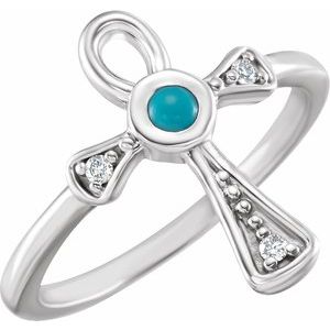 14K White Natural Turquoise & .05 CTW Natural Diamond Ankh Cross Ring - BN & CO JEWELRY