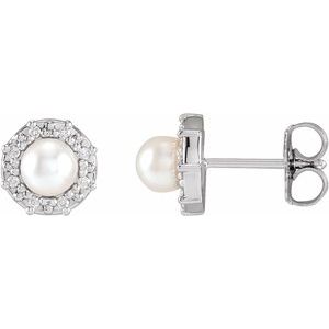 14K White Cultured White Akoya Pearl & .07 CTW Natural Diamond Halo-Style Earrings - BN & CO JEWELRY