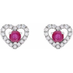 14K White Natural Ruby & 1/10 CTW Natural Diamond Heart Earrings - BN & CO JEWELRY