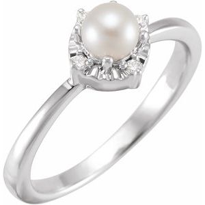 14K White Cultured White Freshwater Pearl & .04 CTW Natural Diamond Halo-Style Ring - BN & CO JEWELRY