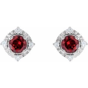 Sterling Silver Natural Mozambique Garnet & .08 CTW Natural Diamond Halo-Style Earrings - BN & CO JEWELRY