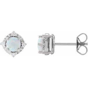 14K White Lab-Grown White Opal & .08 CTW Natural Diamond Halo-Style Earrings - BN & CO JEWELRY