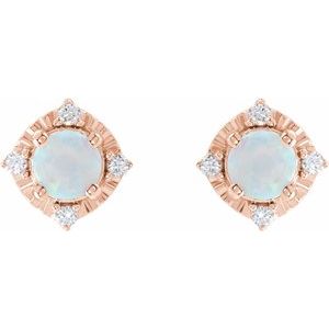 14K Rose Lab-Grown White Opal & .08 CTW Natural Diamond Halo-Style Earrings - BN & CO JEWELRY