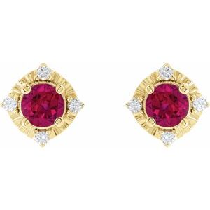 14K Yellow Lab-Grown Ruby & .08 CTW Natural Diamond Halo-Style Earrings - BN & CO JEWELRY