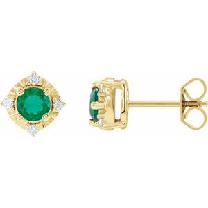 14K Yellow Lab-Grown Emerald & .08 CTW Natural Diamond Halo-Style Earrings - BN & CO JEWELRY