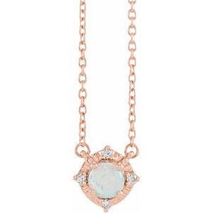 14K Rose Lab-Grown White Opal & .04 CTW Natural Diamond Halo-Style 18" Necklace - BN & CO JEWELRY