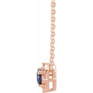 14K Rose Lab-Grown Blue Sapphire & .04 CTW Natural Diamond Halo-Style 18" Necklace - BN & CO JEWELRY
