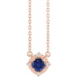 14K Rose Lab-Grown Blue Sapphire & .04 CTW Natural Diamond Halo-Style 18" Necklace - BN & CO JEWELRY