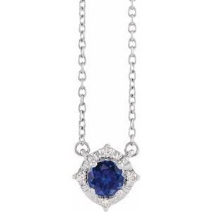 Sterling Silver Lab-Grown Blue Sapphire & .04 CTW Natural Diamond Halo-Style 18" Necklace - BN & CO JEWELRY