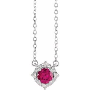 14K White Lab-Grown Ruby & .04 CTW Natural Diamond Halo-Style 18" Necklace - BN & CO JEWELRY