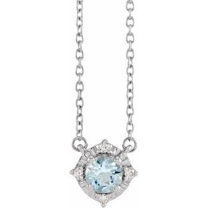 14K White Natural Aquamarine & .04 CTW Natural Diamond Halo-Style 18" Necklace - BN & CO JEWELRY