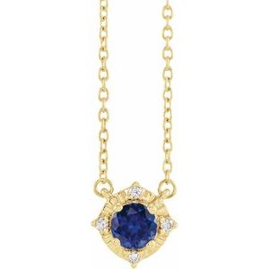 14K Yellow Lab-Grown Blue Sapphire & .04 CTW Natural Diamond Halo-Style 18" Necklace - BN & CO JEWELRY