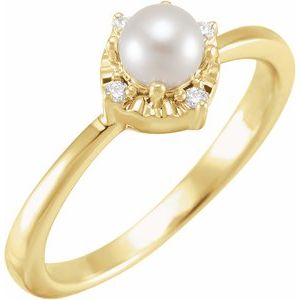 14K Yellow Cultured White Freshwater Pearl & .04 CTW Natural Diamond Halo-Style Ring - BN & CO JEWELRY