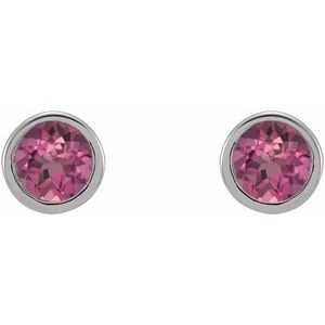 14K White 2 mm Round Natural Pink Tourmaline Micro Bezel-Set Earrings - BN & CO JEWELRY