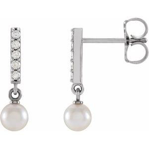 14K White Cultured Akoya Pearl & .03 CTW Natural Diamond Bar Earrings - BN & CO JEWELRY