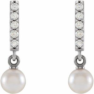 14K White Cultured Akoya Pearl & .03 CTW Natural Diamond Bar Earrings - BN & CO JEWELRY