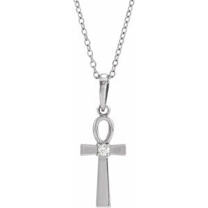 14K White .03 CT Natural Diamond Ankh Cross 16-18" Necklace - BN & CO JEWELRY