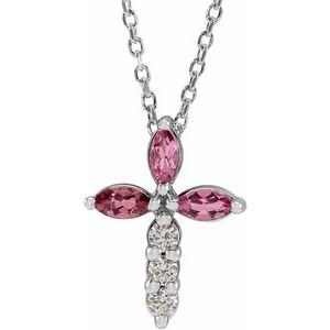 Sterling Silver Natural Pink Tourmaline & 1/10 CTW Natural Diamond Cross 16-18" Necklace - BN & CO JEWELRY