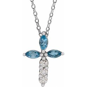 Sterling Silver Natural Aquamarine & 1/10 CTW Natural Diamond Cross 16-18" Necklace - BN & CO JEWELRY