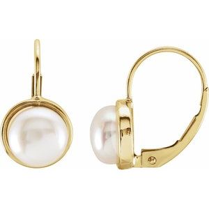 14K Yellow 7.5 mm Freshwater Cultured Pearl Lever Back Earrings - BN & CO JEWELRY
