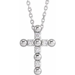 14K White .07 CTW Natural Diamond Beaded Cross 16-18" Necklace - BN & CO JEWELRY