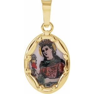 14K Yellow 13x10 mm Oval Hand Painted Porcelain St. Barbara Medal - BN & CO JEWELRY