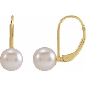 14K Yellow 7 mm Round Akoya Cultured Pearl Lever Back Earrings - BN & CO JEWELRY