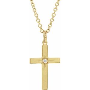 14K Yellow .0075 CT Natural Diamond Youth Cross 15" Necklace - BN & CO JEWELRY