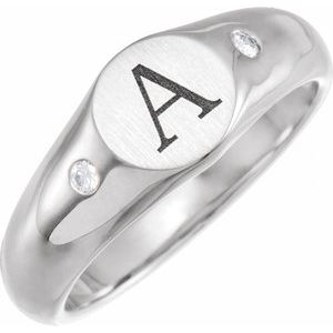 14K White .06 CTW Natural Diamond 8.6 mm Round Signet Ring - BN & CO JEWELRY