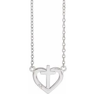 Sterling Silver .0025 CT Natural Diamond Heart & Cross 18" Necklace - BN & CO JEWELRY