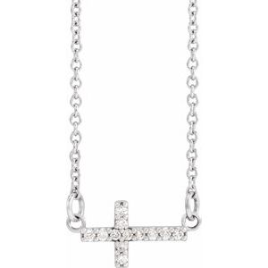 14K White .05 CTW Natural Diamond Sideways Cross 16-18" Necklace - BN & CO JEWELRY