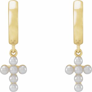14K Yellow Cultured White Seed Pearl Cross Hoop Earrings - BN & CO JEWELRY