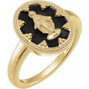 14K Yellow Oval Black Enamel Miraculous Medal Ring - BN & CO JEWELRY