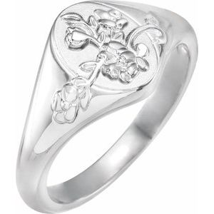 14K White 10.8 mm Oval Floral Signet Ring - BN & CO JEWELRY