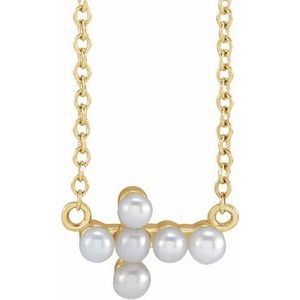 14K Yellow Cultured White Seed Pearl Sideways Cross 16-18" Necklace - BN & CO JEWELRY
