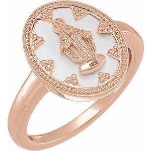 14K Rose Oval White Enamel Miraculous Medal Ring - BN & CO JEWELRY