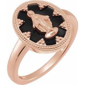 14K Rose Oval Black Enamel Miraculous Medal Ring - BN & CO JEWELRY