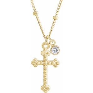 14K Yellow .06 CT Diamond Dangle & Beaded Cross 20" Necklace - BN & CO JEWELRY