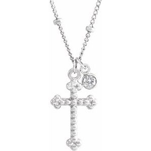 14K White .06 CT Diamond Dangle & Beaded Cross 20" Necklace - BN & CO JEWELRY