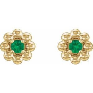 14K Yellow Lab-Grown Emerald Petite Flower Beaded Earrings - BN & CO JEWELRY
